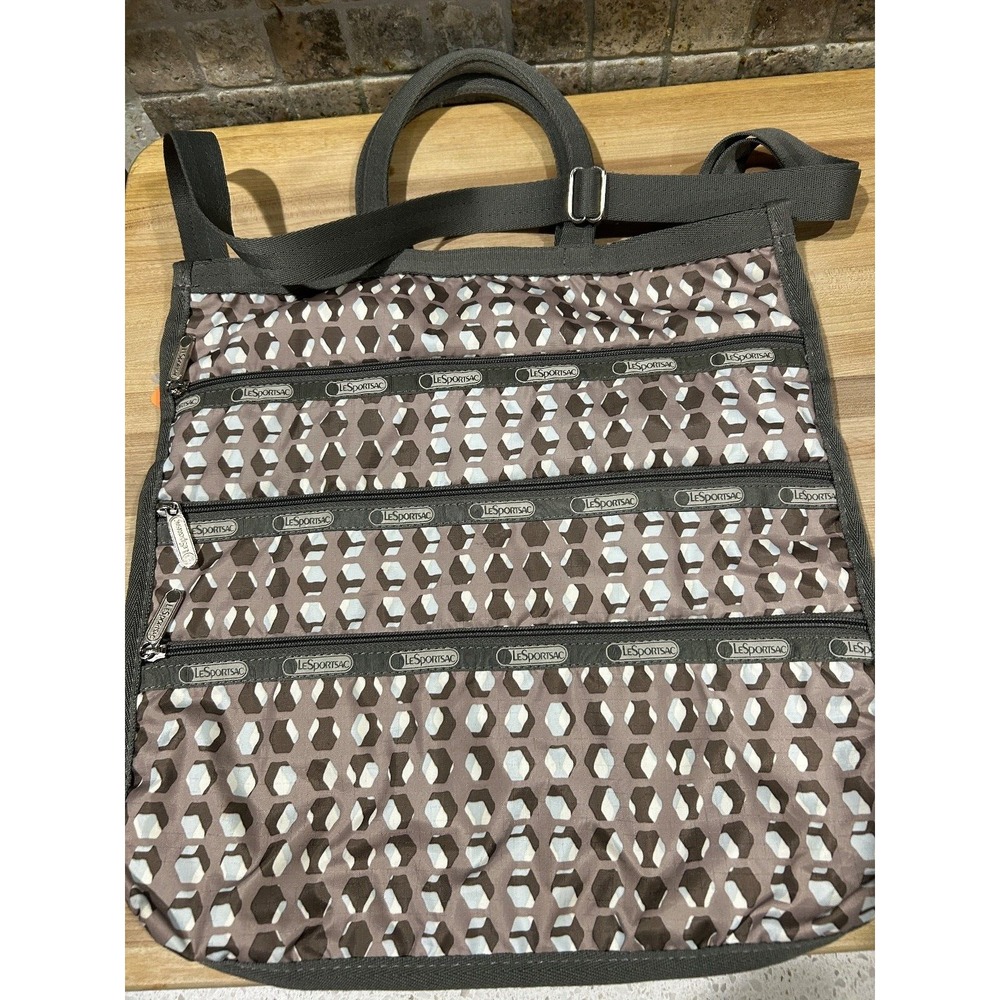 Le Sport Sac Brown Print Tote Large Handbag Zip Top Compartments 15"h x 14"